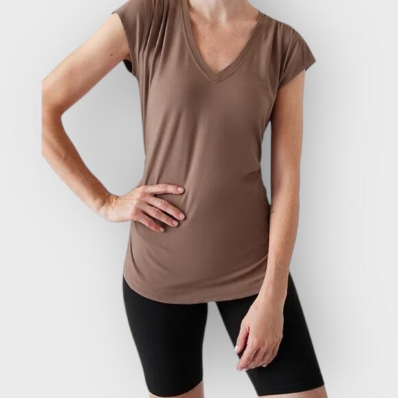 Athleta Outbound V Neck Top Small Rustic Beige Cap Sleeve Ruched Stretch - Picture 2 of 6